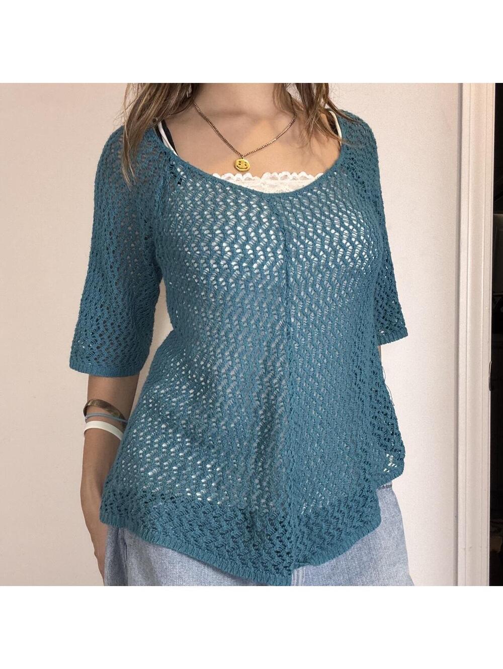 New Directions teal crochet acrylic sweater / pullover!! Size large